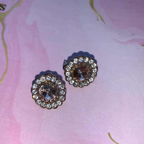 Large brilliant round stones gold pink clear crystals stud earrings like new - Picture 3 of 11